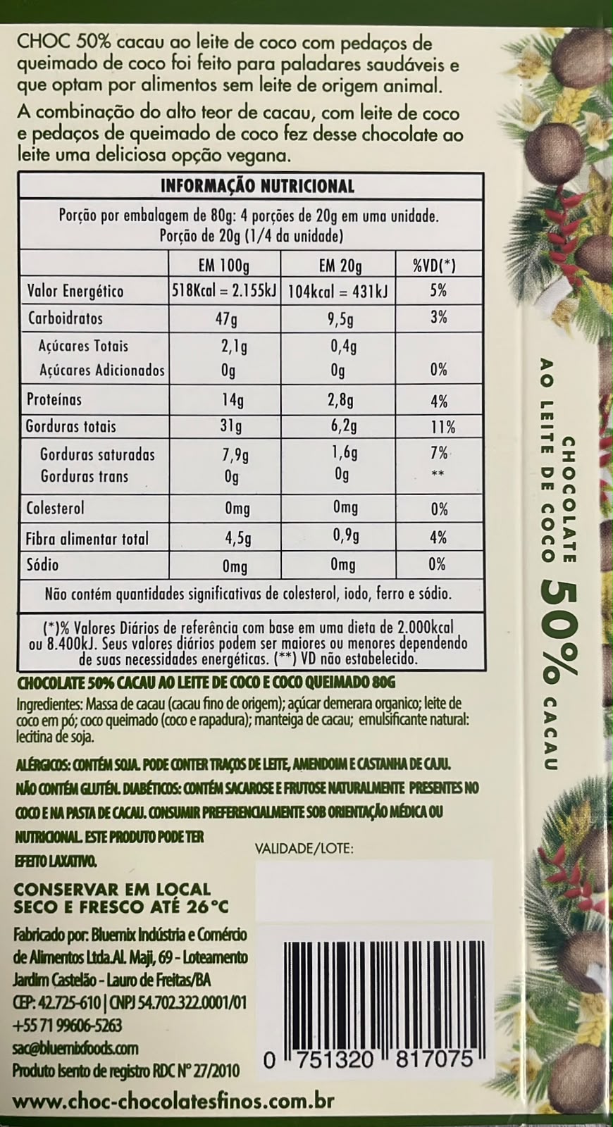 Barra Choc 50% Cacau C/ Coco Queimado