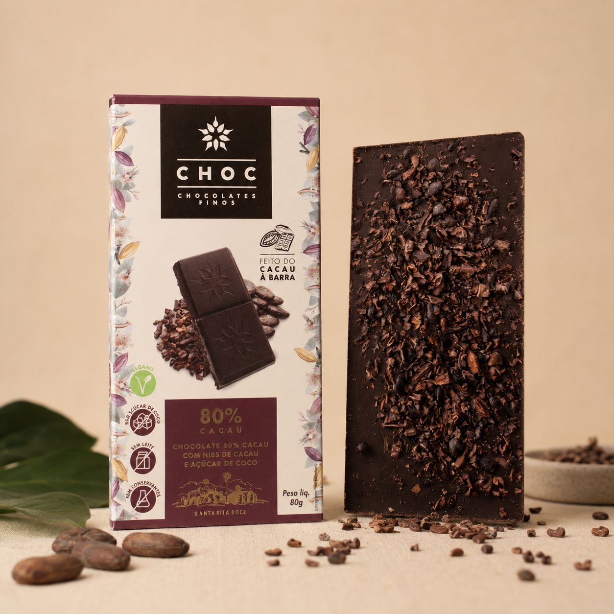 Barra Choc 80% cacau com nibs (adoçado com açúcar de coco)