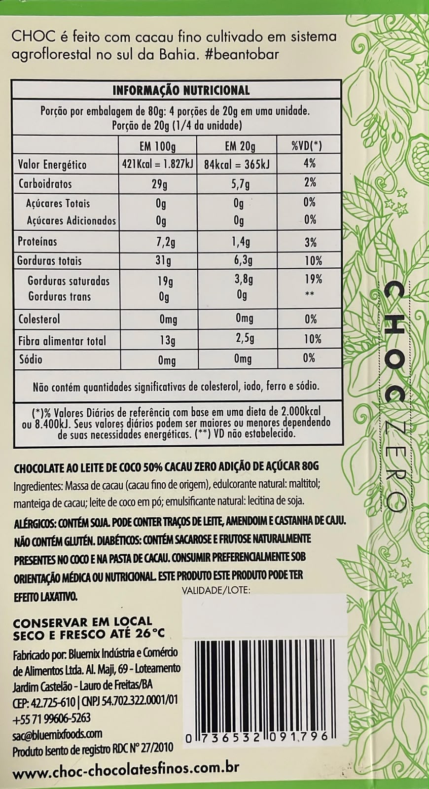 Barra Choc 50% Cacau Zero Açúcar