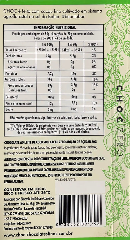 Barra Choc 50% Cacau Zero Açúcar