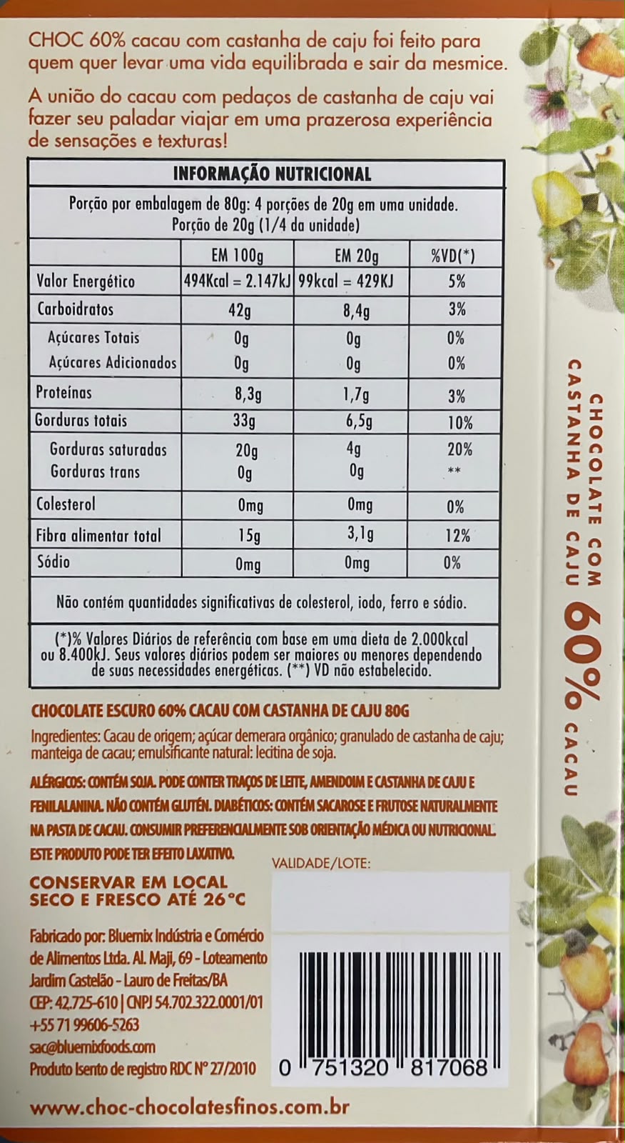 Barra Choc 60% Cacau C/ Castanha