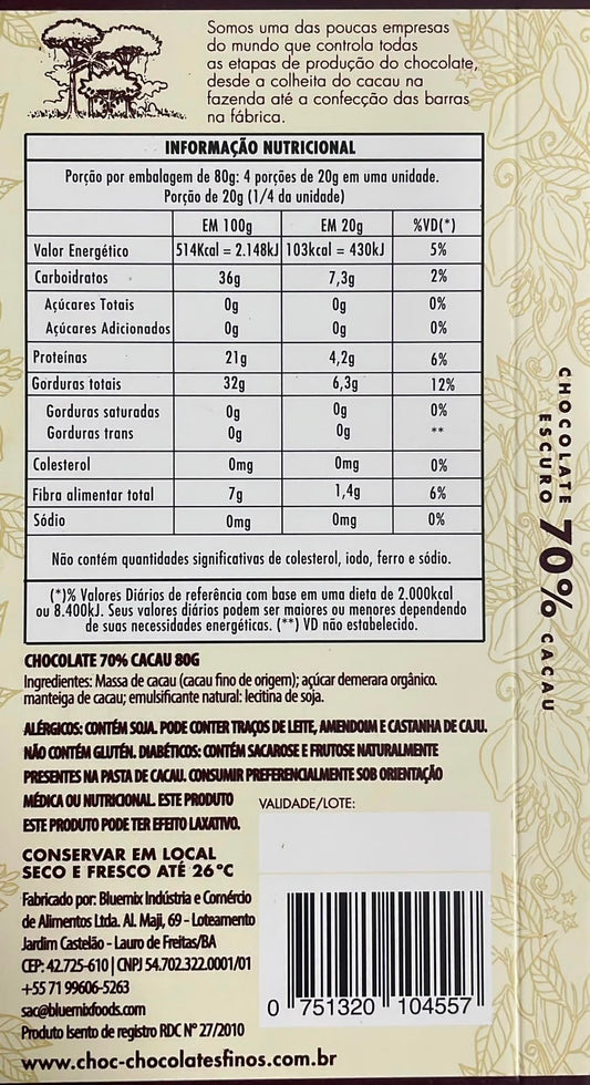 Barra Choc 70% Cacau Clássico