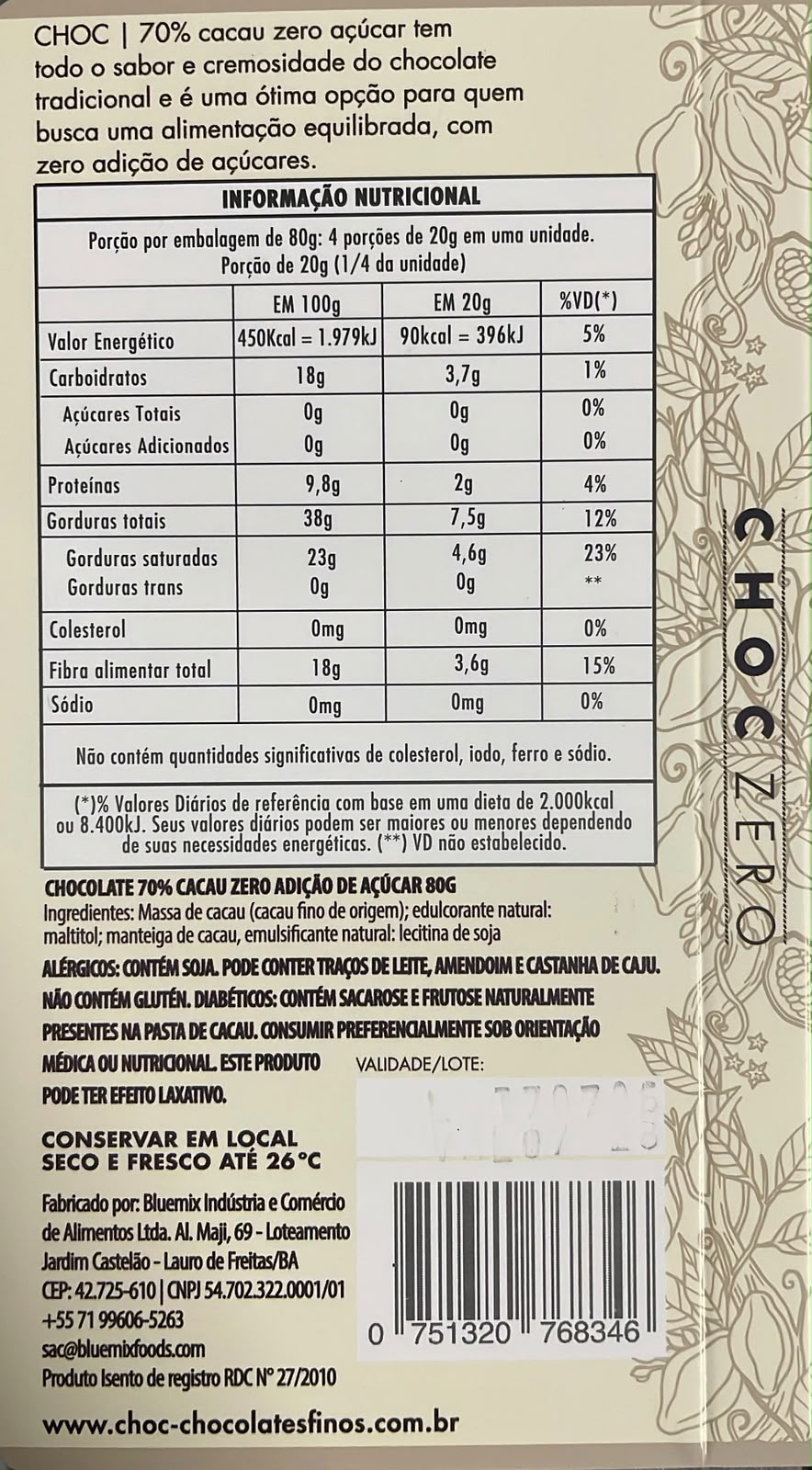 Barra Choc 70% Cacau Zero Açúcar