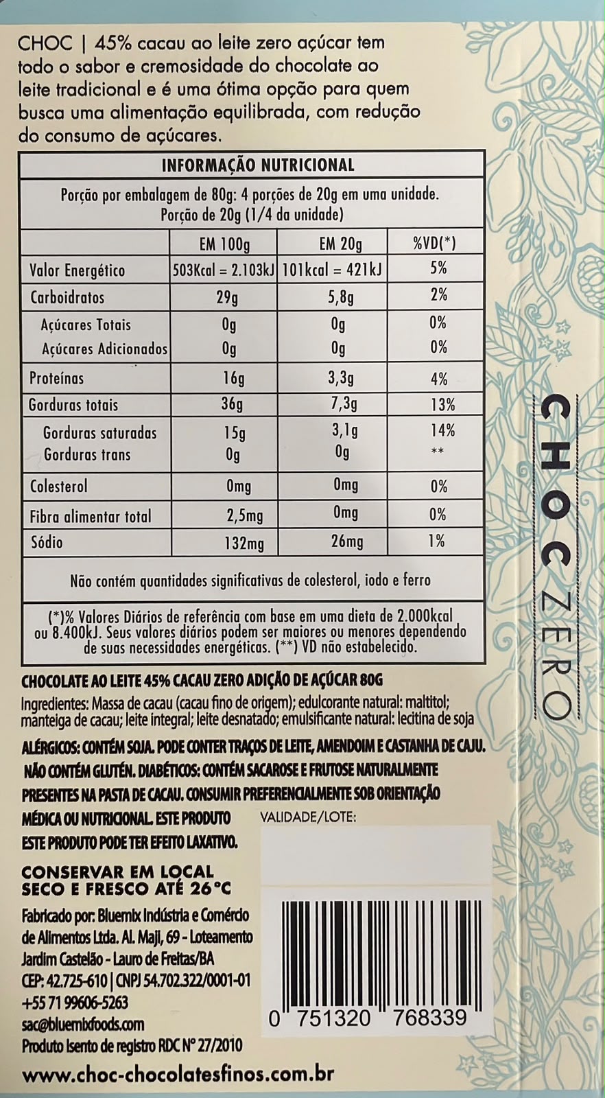 Barra Choc 45% Cacau Zero Açúcar