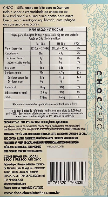 Barra Choc 45% Cacau Zero Açúcar